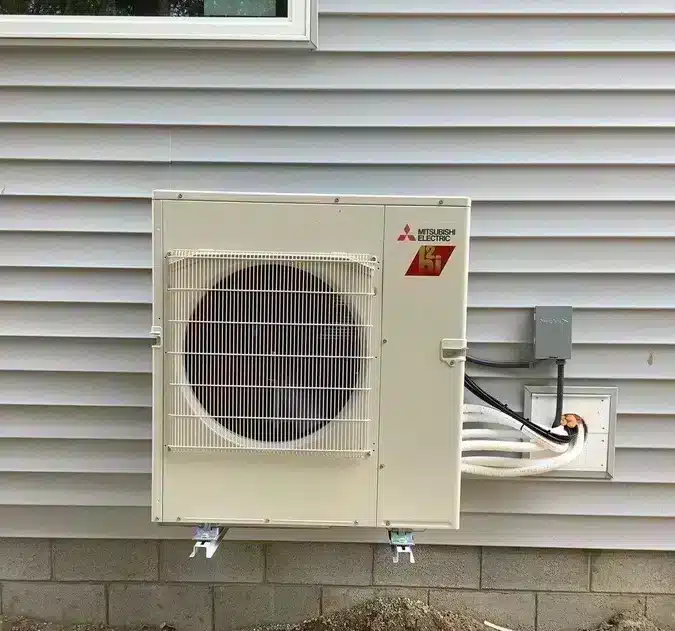 Heat pump outside of residential home in Ann Arbor, MI.